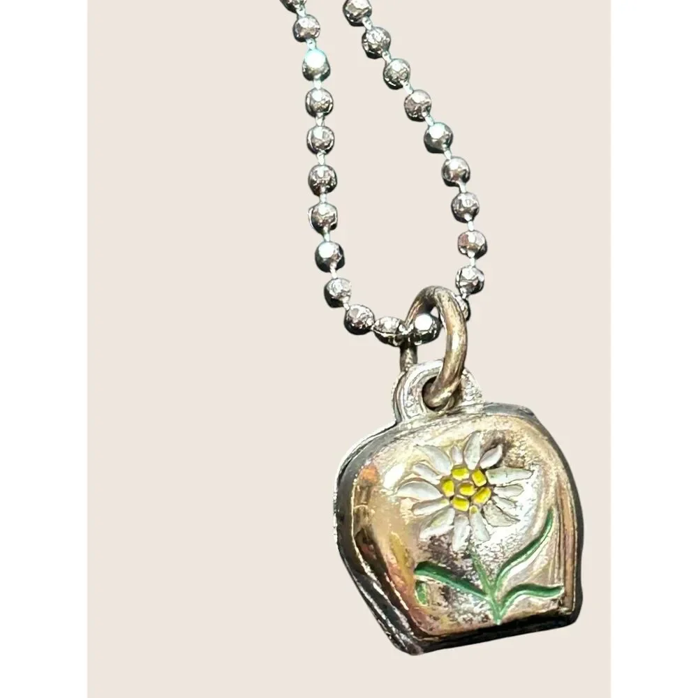 🌼 VTG COWBELL FLOWER EDELWEISS ENAMEL SWISS ALPINE STERLING SOUVENIR CHARM